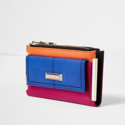 Blue colour blocked zip top purse